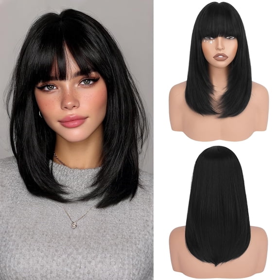 SUCS Blonde Bob Wigs with Bangs Shoulder Length Straight Natural Looking Synthetic Heat Resistant Medium Hair Wigs for Women Daily Party, 16 Inch Dirty Blonde