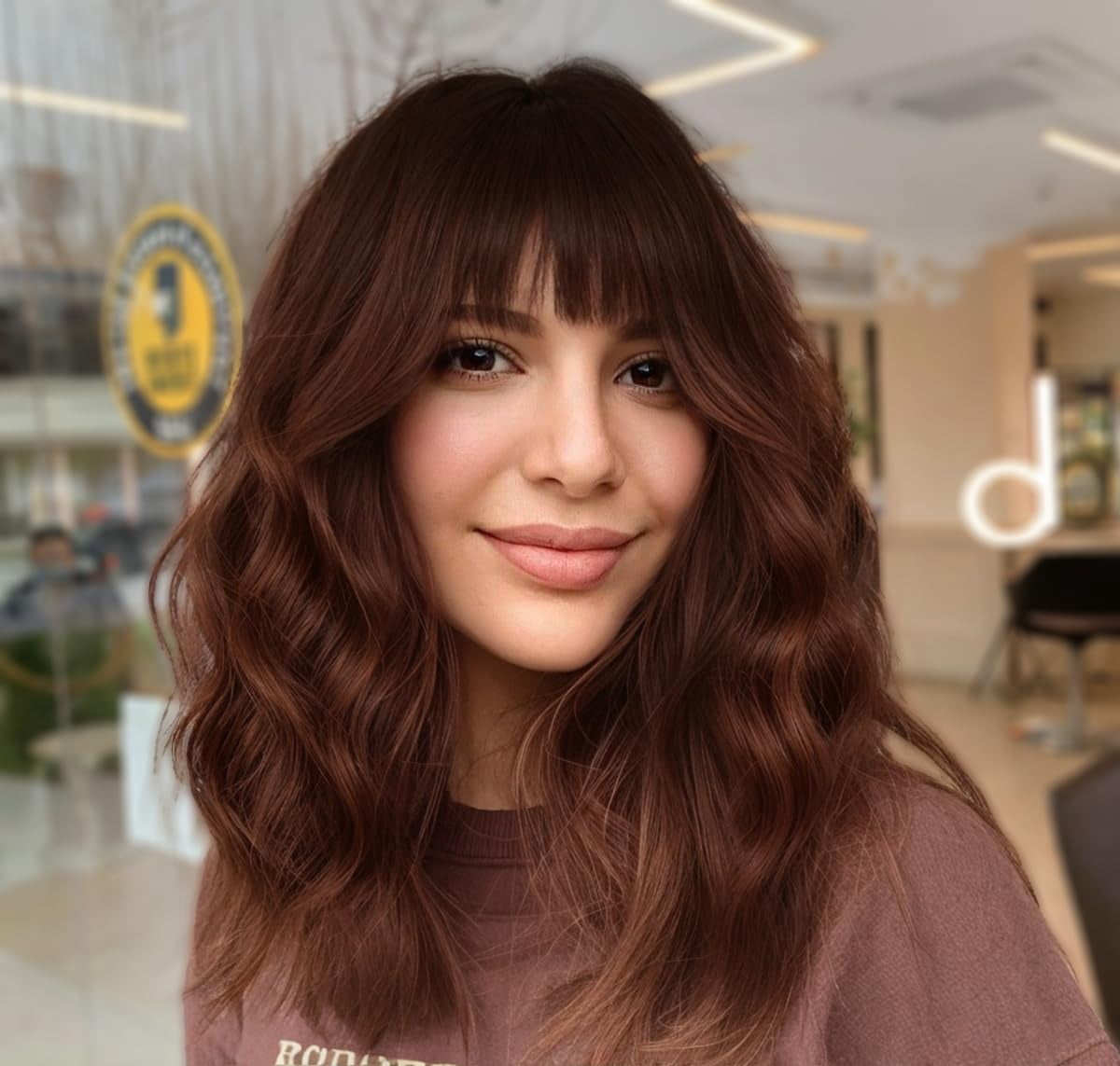 Curly Bob Wig with Bangs Natural Looking Heat Resistant Synthetic Hair for Women NISEFECTO Short Curly Wavy Bob Wig Black Mixed Brown with  main image 2