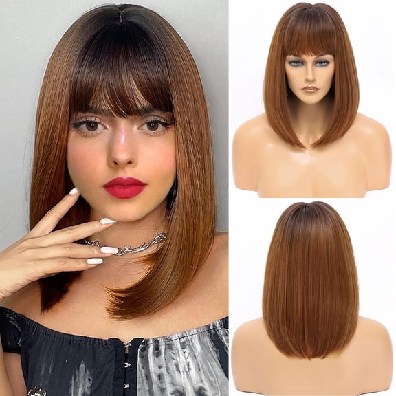 SUCS Bob Wig with Bangs Short Bob Wigs for Women Blonde Wig with Dark Roots Yaki Straight Synthetic Wig Christmas Halloween Wigs Natural Looking for Daily Use Party and Cosplay
