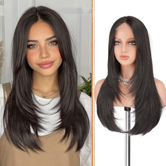 SUCS Brown Blonde Wig with Curtain Bangs - Lace Front Hairline Middle Part Long Layered Natural Looking Straight Synthetic Hair Wigs for Women Daily Party, 24 Inch Brown Mixed Blonde
