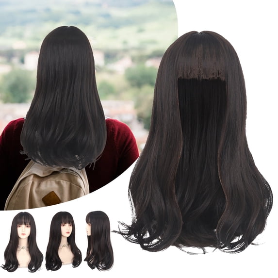 SUCS Brown Wigs For Women Long Curly Wavy Wig With Bangs Brunette Dark Brown 21.7 Inch Synthetic Fiber Natural Looking Hair Wig For Daily Party Use