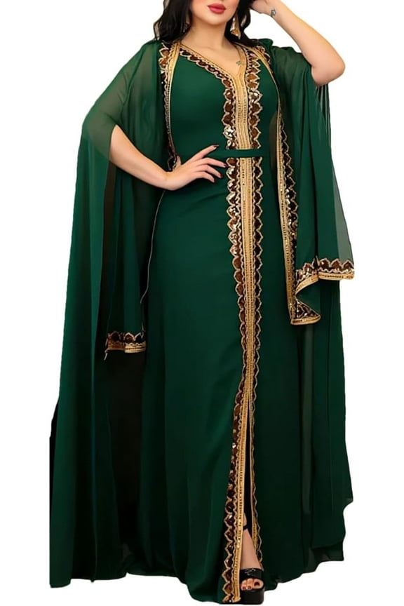 Chiffon Two-Piece Dress Set For Women Ramadan Dubai Muslim Abaya Arab Sequin Kimono Kaftan