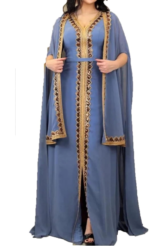 Chiffon Two-Piece Dress Set For Women Ramadan Dubai Muslim Abaya Arab Sequin Kimono Kaftan