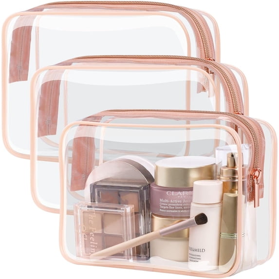 SUCS Clear Makeup Bag Waterproof Quart Size Bag, Travel Makeup Cosmetic Bag for Women, Carry on Airport Airline Compliant Bag, 3 Pack