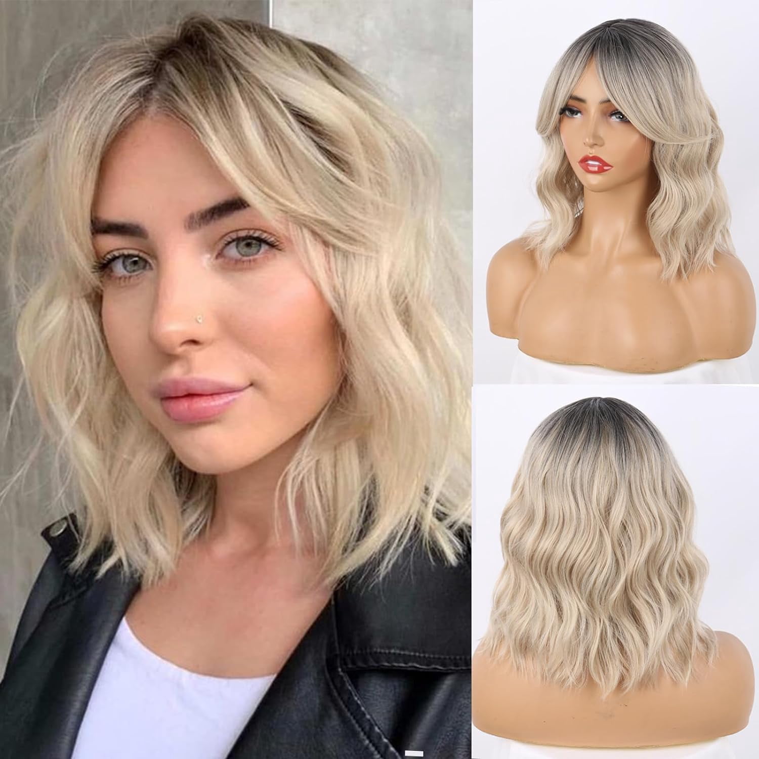 SUCS Dark Brown Wavy Bob Wig Natural Brown Curly Bob Wig with Curtain Bangs for Black Women Synthetic Wig