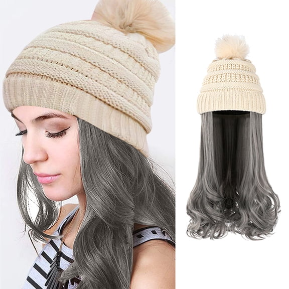 SUCS Fashion Long Curly Hair Hat Wig One Knit Hat Wool Curl Corn Perm Curl