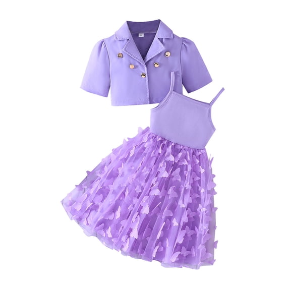 SUCS Girls Skirt Set Short Suit Jacket Butterfly Mesh Suspender Long Skirt Two-piece Party Gift