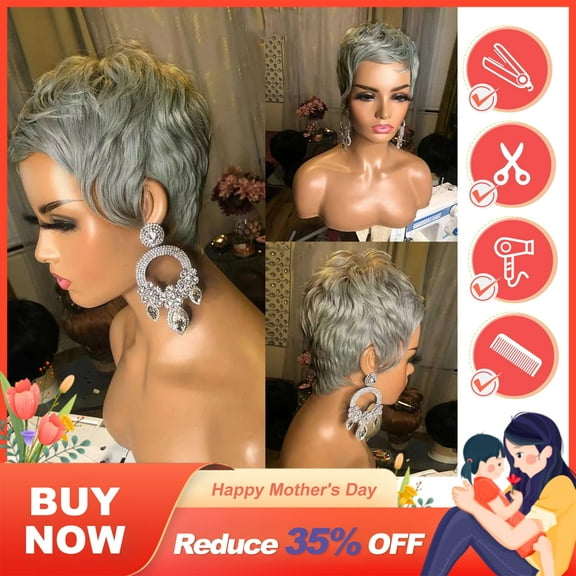 SUCS Grey Short Pixie Cut Bob - 100% Human Hair Wigs For Women and Girls, Wavy Wigs, Glueless