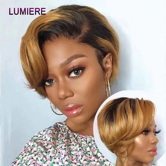SUCS Hair 1b/27 ombre Short Pixie Cut Bob Wig Straight Human Hair 13x4x1 HD Lace Front Wigs Caps