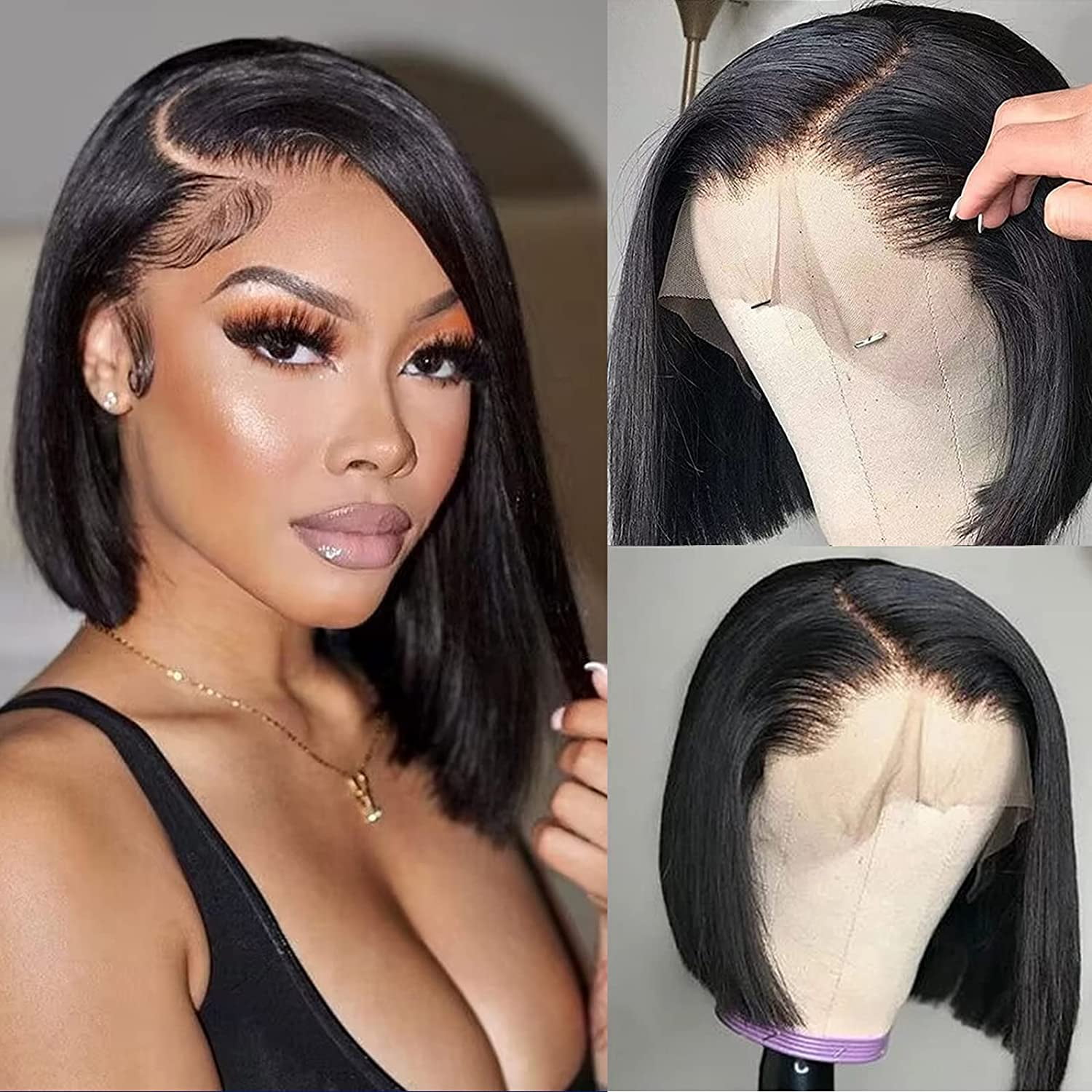SUCS Hair Short Bob Wigs Human Hair 13x4 Lace Front Wigs Brazilian Virgin Human Hair Straight Bob Lace Front Wigs for Black Women Pre Plucked with Baby Hair Natural Black Color (12 inch)