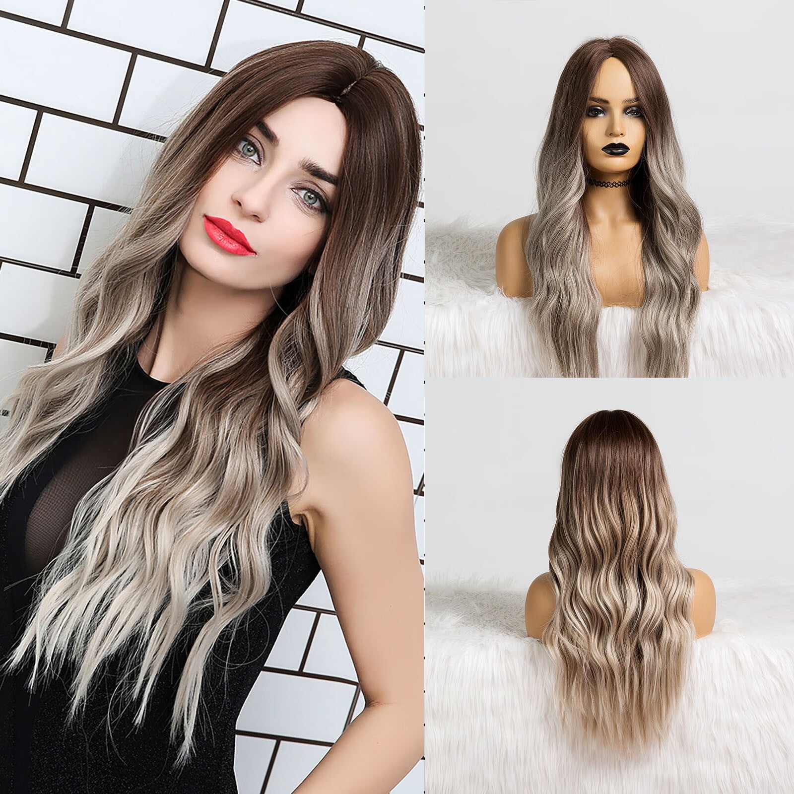 SUCS Human Hair Wigs For Women Black Color Natural Lace Hair Long Pear Flower Curly Wig Brown And White Gradient Color Wig(2Pack)