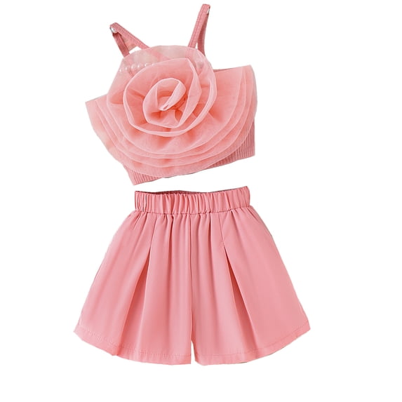 SUCS Kid Girl Summer Suspender Flower Mesh Top Pleated Sleeveless Shorts Set