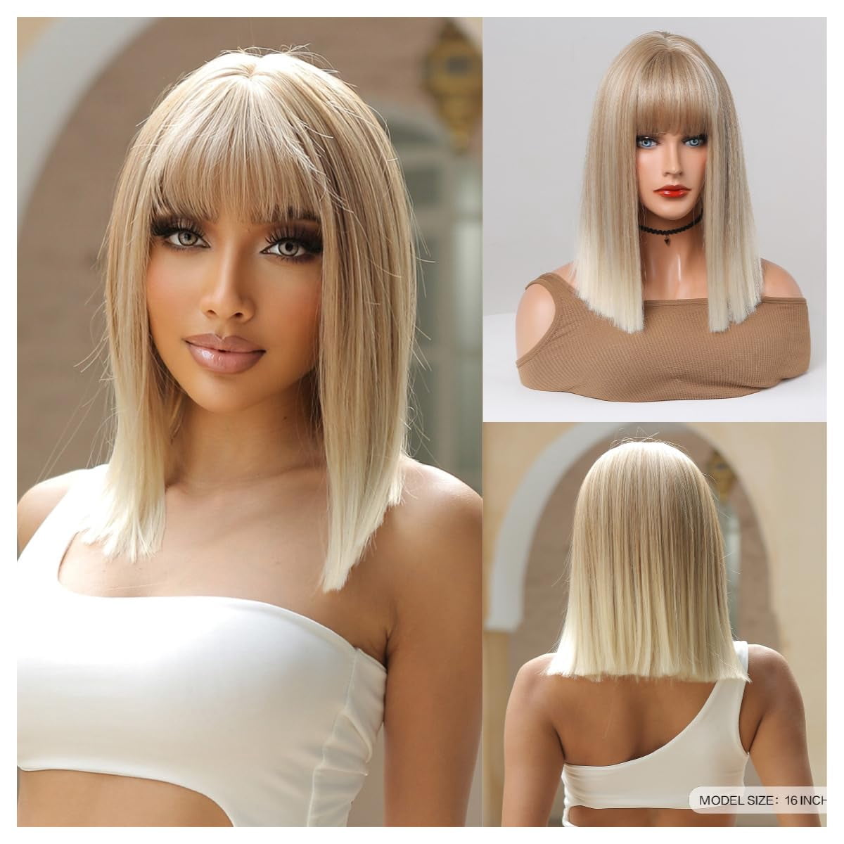 SUCS Long Blonde Wigs for Women Synthetic Hair Wig with Fringe Ombre Color with Dark Roots Layered Wigs Heat Resistant