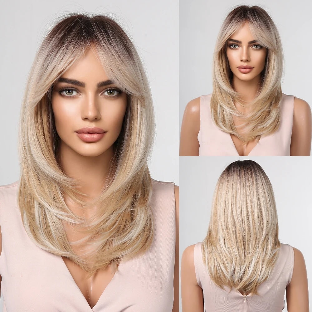 SUCS Long Blonde Wigs for Women Synthetic Hair Wig with Fringe Ombre Color with Dark Roots Layered Wigs Heat Resistant