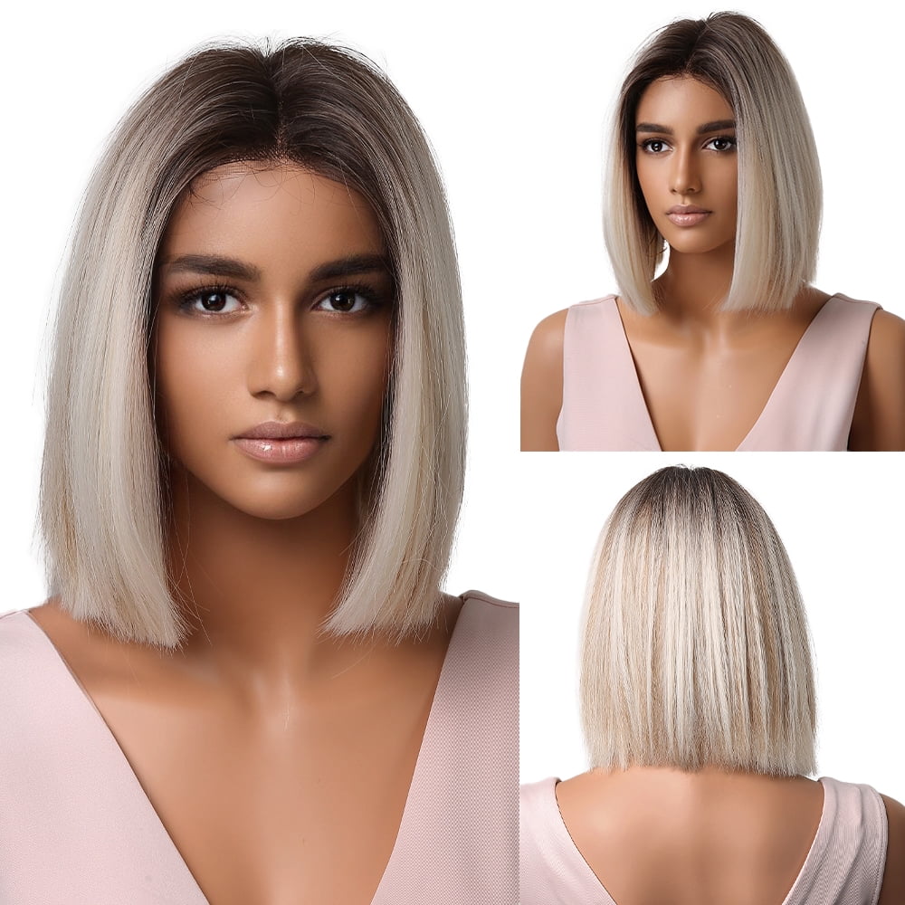 SUCS Long Blonde Wigs for Women Synthetic Hair Wig with Fringe Ombre Color with Dark Roots Layered Wigs Heat Resistant