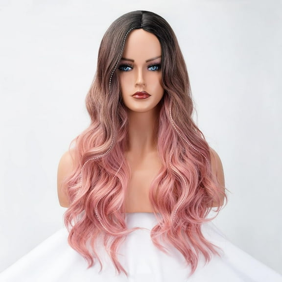 SUCS Long Pink Wigs for Women Long Curly Wig Ombre Black to Pink Wigs Dark Roots Middle Part Rose Gold Synthetic Wig Natural