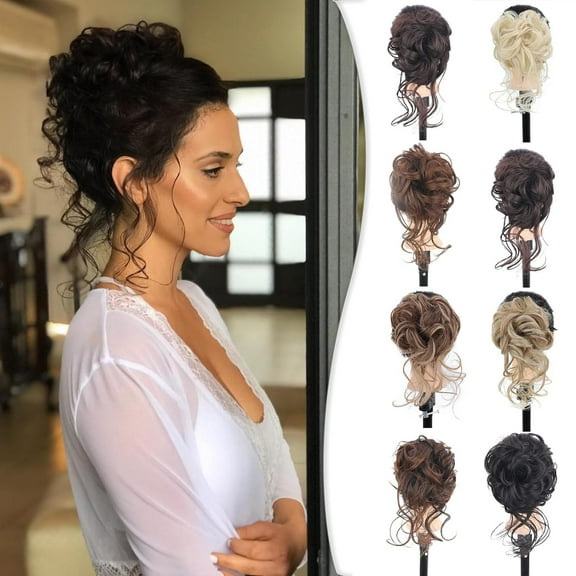 SUCS Messy Bun Hair Piece for Women with Claw Clip Hair Extensions Dark Brown Bun,Curly Wavy Hair Bun Clip in Claw Chignon Ponytail Hairpieces with Long Beard Tousled Updo Hair