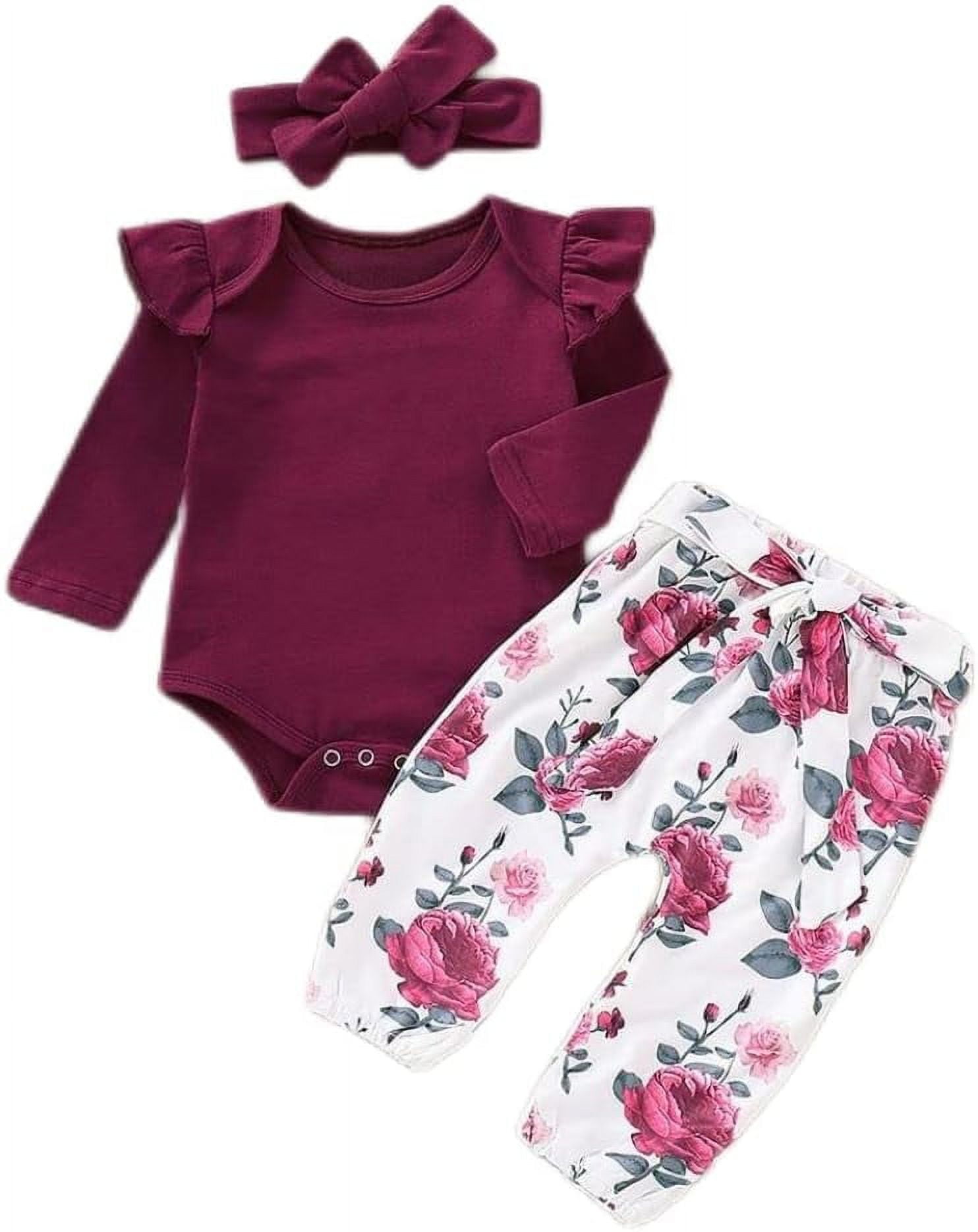 SUCS Newborn Baby Girl Clothes Infant Girl Outfits Long Sleeve Ruffle Romper  Floral Pants Headband Set