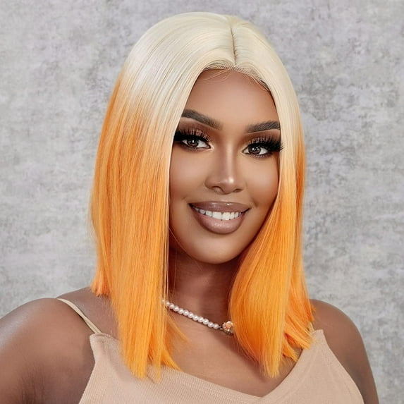 SUCS Ombre Blonde Bob Wig Straight Wigs Highlight Blonde Hair Synthetic Lace Front Wig Shoulder Lenth Bob Wigs For Daily Party(14 Inch)