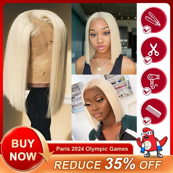 SUCS Plucked Bleached Knots Free Part 14 Inch Short Blonde Bob Wigs for Black Women, Blonde Bob Wig Human Synthetic Hair