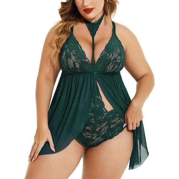SUCS Plus Size Lingerie for Women Sexy Lace Babydoll Mesh Choker Sleepwear L-5XL