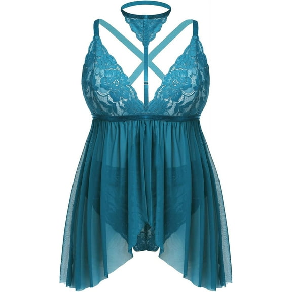 SUCS Plus Size Lingerie for Women Sexy Lace Babydoll Mesh Choker Sleepwear L-5XL