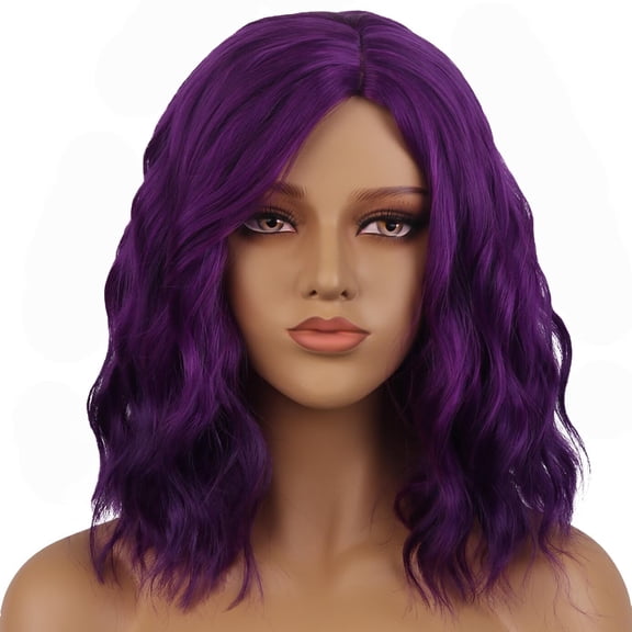 SUCS Purple Short Wigs Women Girls Curly Wavy Hair Wig 14" Synthetic Bob Wigs