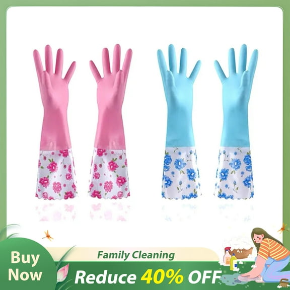 SUCS Rubber Latex Waterproof Dishwashing Gloves,2 Pair Medium Long Cuff Flock Lining Household Cleaning Gloves