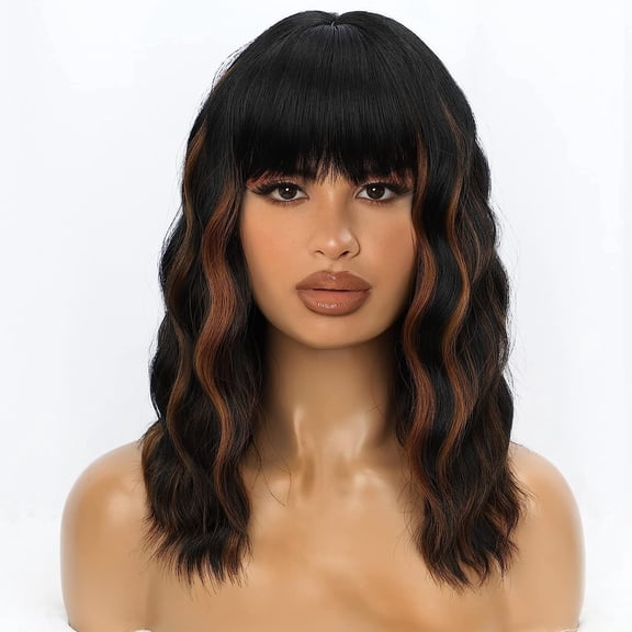 SUCS Short Black Mix Brown Wig with Bangs Short Brown Wavy Wig for Women Shoulder Length Brown Wig Synthetic Highlight Wavy Wig Heat Resistant Short Wavy Wigs for Daily Party Use