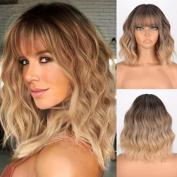 SUCS Short Blonde Wig with Bangs Synthetic Wavy Blonde Bob Wig Curly Heat Resistant Ombre Blonde Hair Wig for Women Daily Party Halloween Use