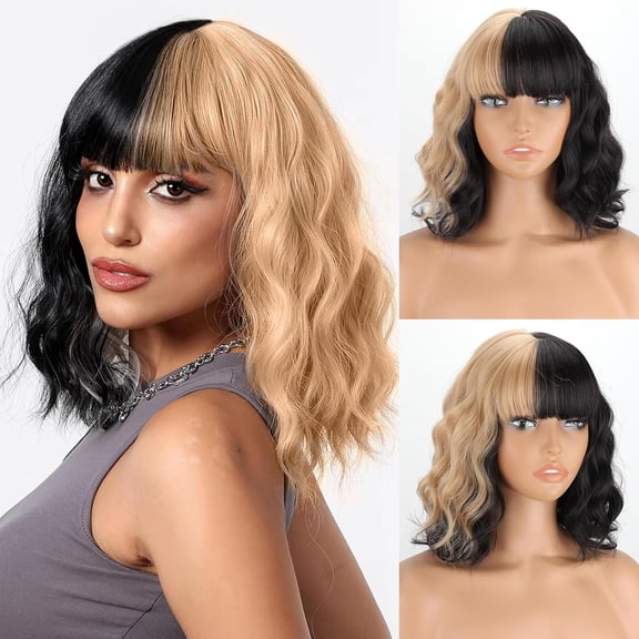 SUCS Short Blonde Wig with Bangs Synthetic Wavy Blonde Bob Wig Curly Heat Resistant Ombre Blonde Hair Wig for Women Daily Party Halloween Use