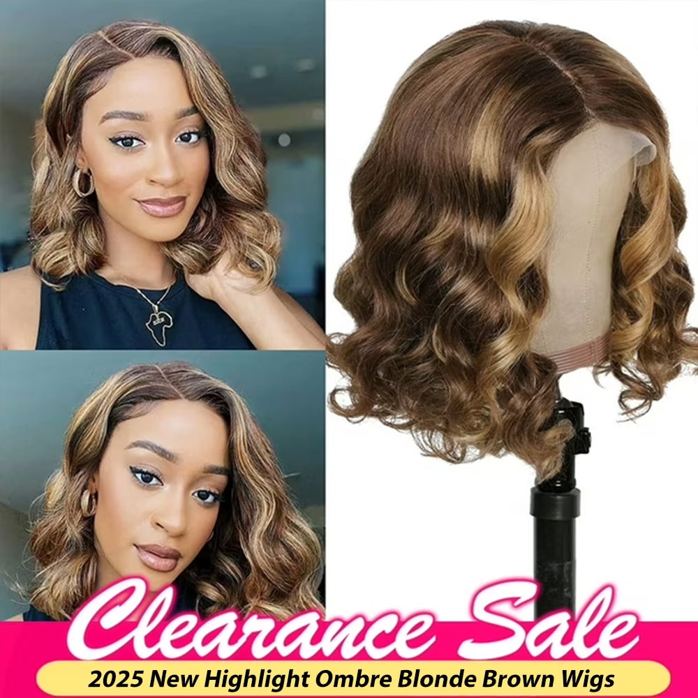SUCS Short Bob Body Wave Lace Front Wigs Human Hair For Women Highlight Ombre Blonde Brown 13x6x1 T Part Hd Transparency Lace