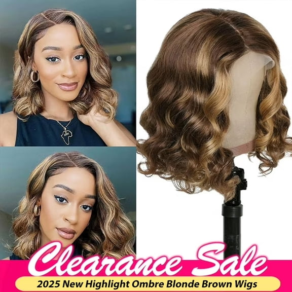 SUCS Short Bob Body Wave Lace Front Wigs Human Hair For Women Highlight Ombre Blonde Brown 13x6x1 T Part Hd Transparency Lace