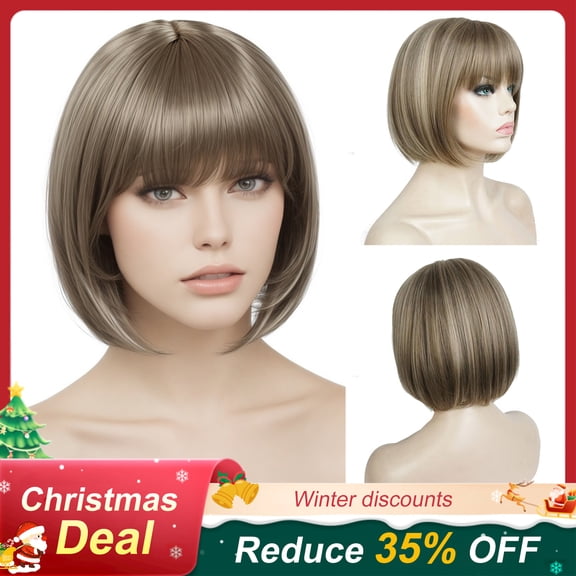 SUCS Short Bob Straight Wig with Cute Flat Bangs Synthetic Hair