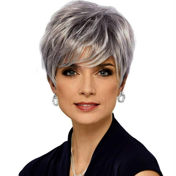 SUCS Short Gray Wigs with Bangs Sliver Gray Wigs Pixie Cut Layered for Women Synthetic with Free Wig Cap