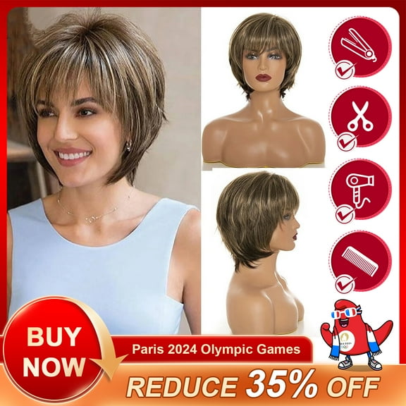 SUCS Short Hair Wigs with Bangs Dark Brown Mixed Blonde Pixie Cut Wig for Women Straight Synthetic Fiber Wigs