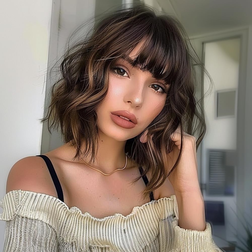 SUCS Short Wigs for Women Grey Wavy Bob Wig with Bangs Medium Length Synthetic Hair Water Wave Dark Roots Wig Gray Colorful Wigs（12 Inches）
