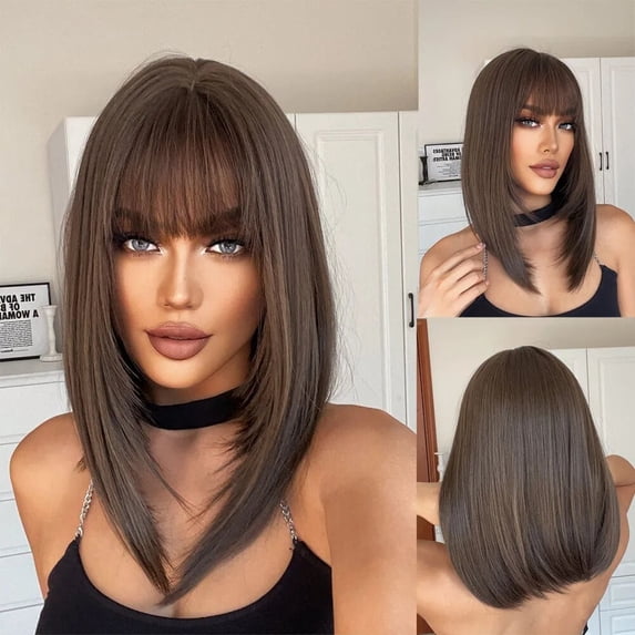 SUCS Straight Black Bob Synthetic Wig with Bangs Medium Long Cosplay Layered Wigs for Woman Natural Hair Daily Wig Heat Resistant