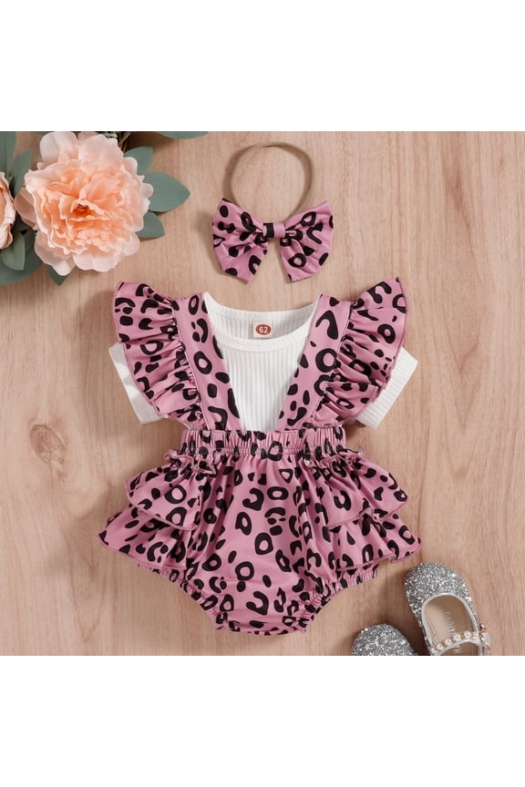 Summer Baby Short-sleeved Leopard Print Ruffled Triangle Overalls Set for Girls with Bow 2-piece Set