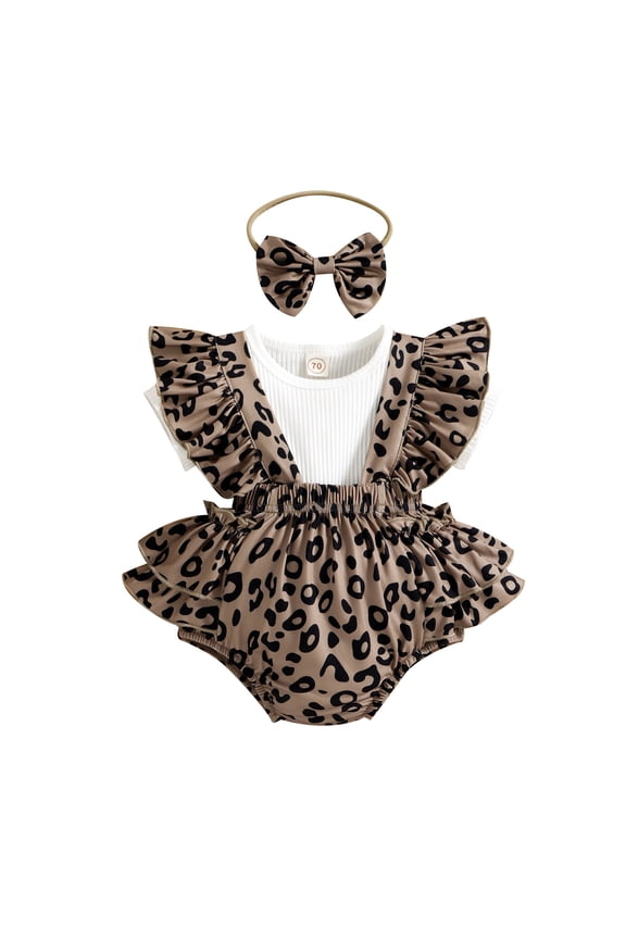 Summer Baby Short-sleeved Leopard Print Ruffled Triangle Overalls Set for Girls with Bow 2-piece Set