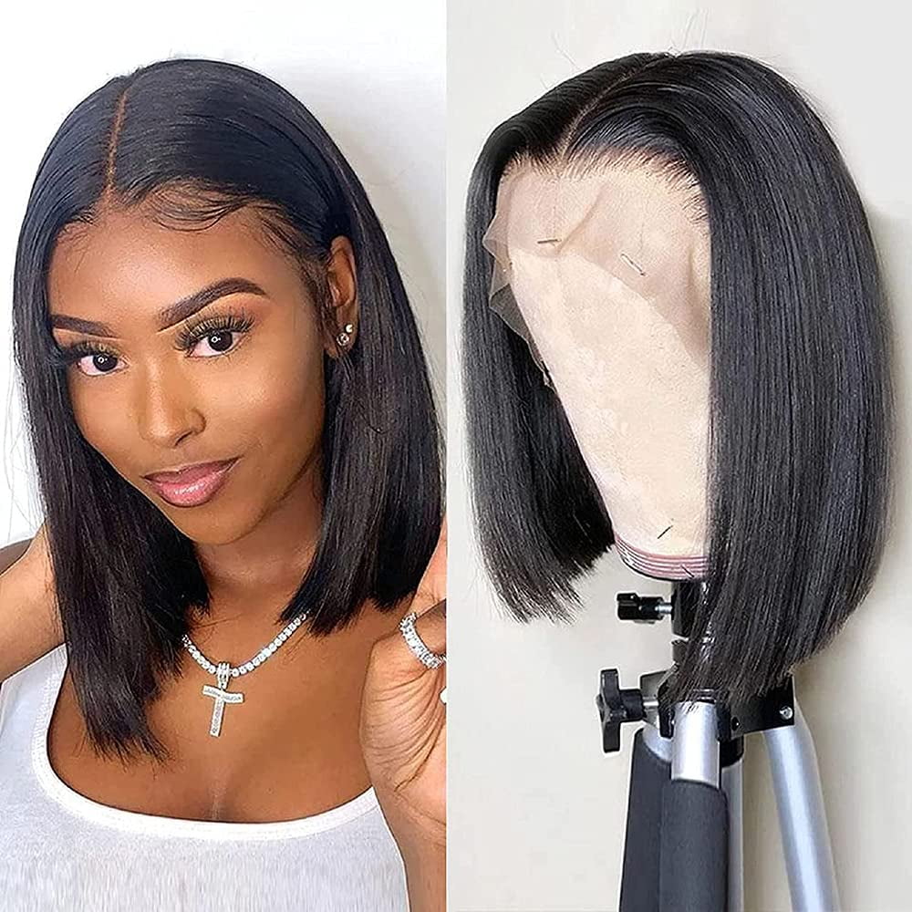 SUCS Wigs Straight Human Hair Wigs for Black Women T Part 13x1 Lace Front Wigs Human Hair 150% Density Brazilian Virgin Human Hair Straight Bob Wigs Pre Plucked with Baby Hair Natural Color