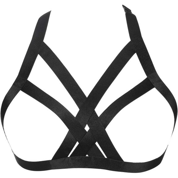 SUCS Women Harness Elastic Cupless Cage Bra Hollow Out Strappy Crop Top (12), One Size