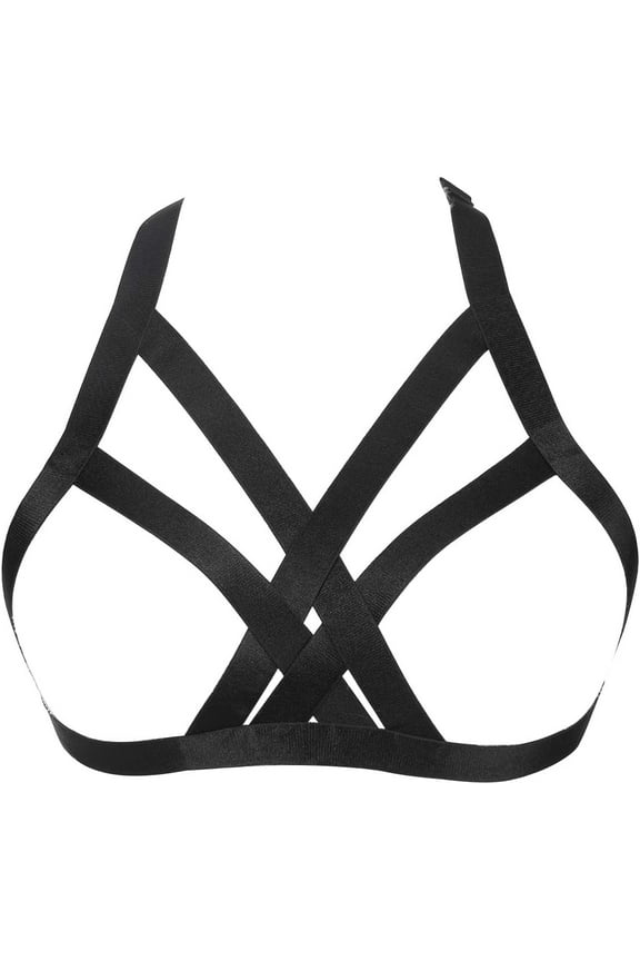 Women Harness Elastic Cupless Cage Bra Hollow Out Strappy Crop Top (12), One Size