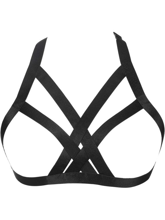 Women Harness Elastic Cupless Cage Bra Hollow Out Strappy Crop Top (12), One Size