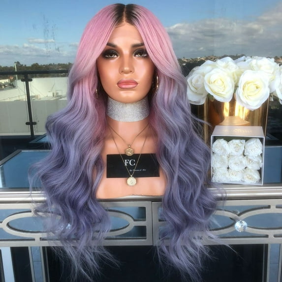 SUCS Women Long Curly Straight Wavy Synthetic Full Hair Wig Pink Purple Cosplay