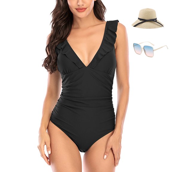 SUCS Women One Piece Swimsuit Tummy Control Ruffle Monokini Swimwear Sexy Bathing Suits for Summer Vacation