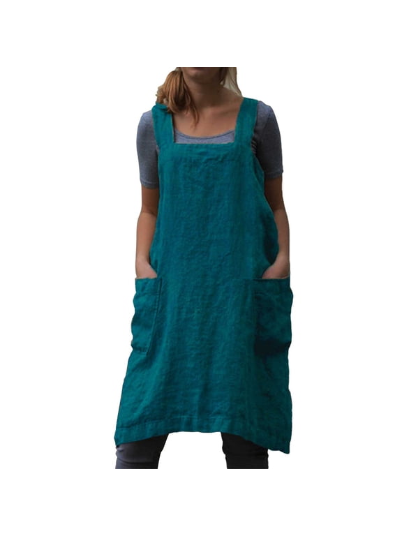 Women's Cotton Linen Apron with Pockets - Cross Back Pinafore Dress for Gardening, Cooking, Office, Party - Note: Asian Size Runs Small, Please Check Size Chart - Green, S to 5XL