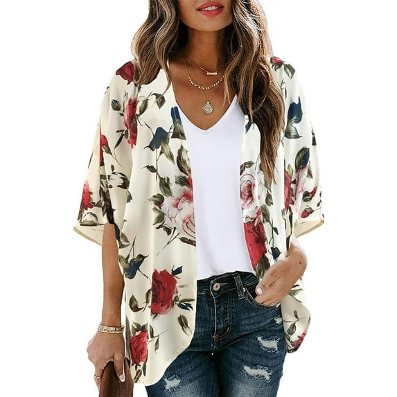 SUCS Women's Floral Print Puff Sleeve Kimono Cardigan Loose Cover Up Casual Blouse Tops