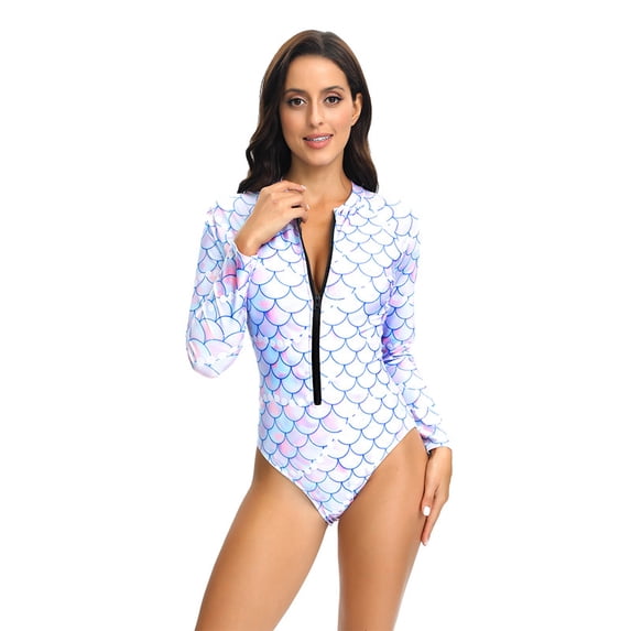 SUCS Women's One-Piece Swimsuit Women's Long Sleeve Zipper Fish Scale Printed Surfing Suit