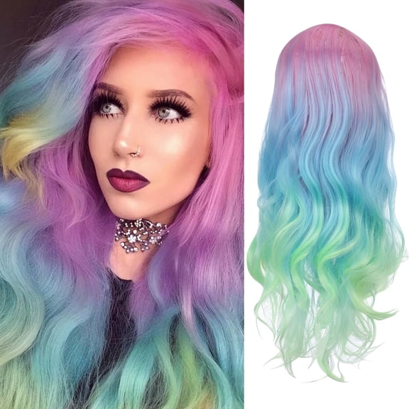 SUCS Women's Pink Green Gradient Gradient Micro Curl Head Set Wavy Curl Wig Hair Wigs